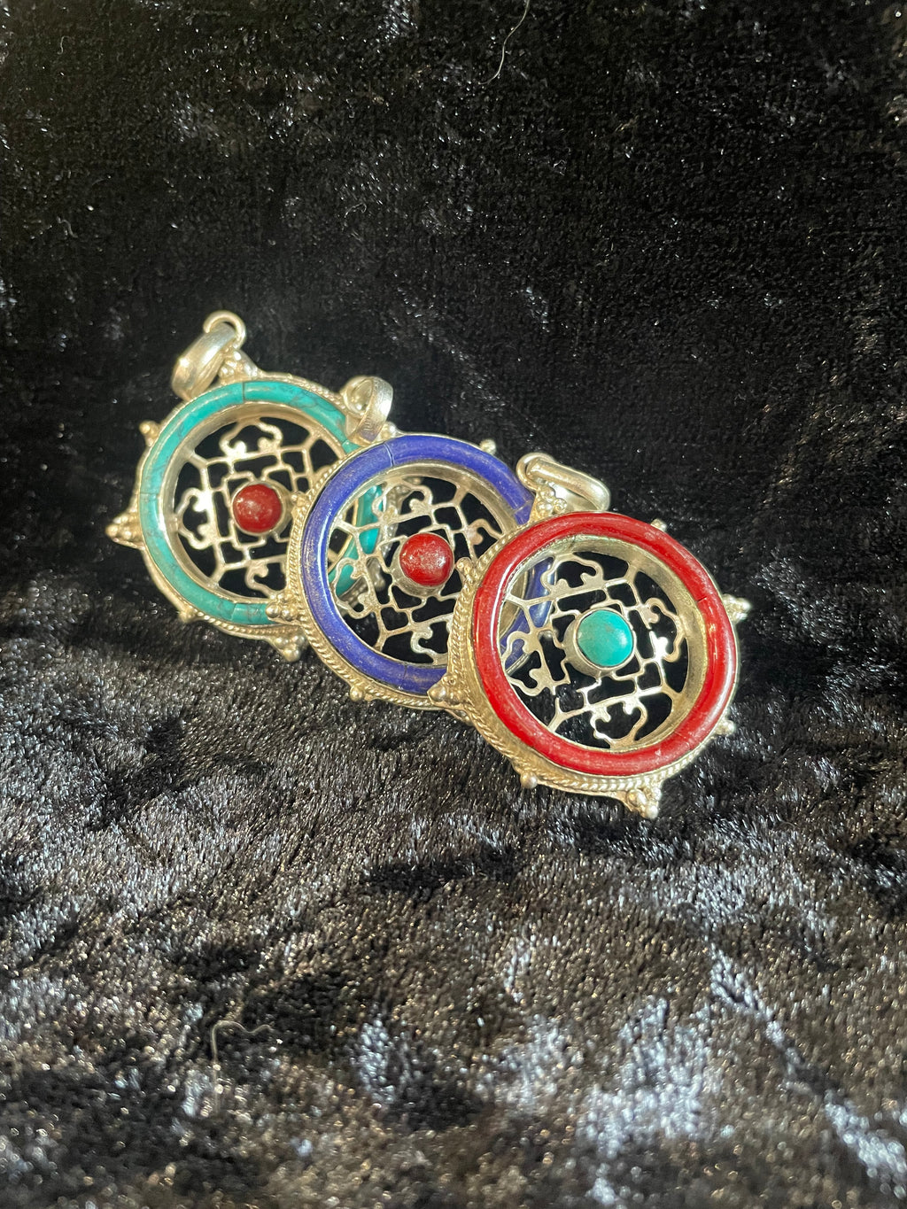 Coral & Sterling Silver Mandala Pendant with Turquoise Center