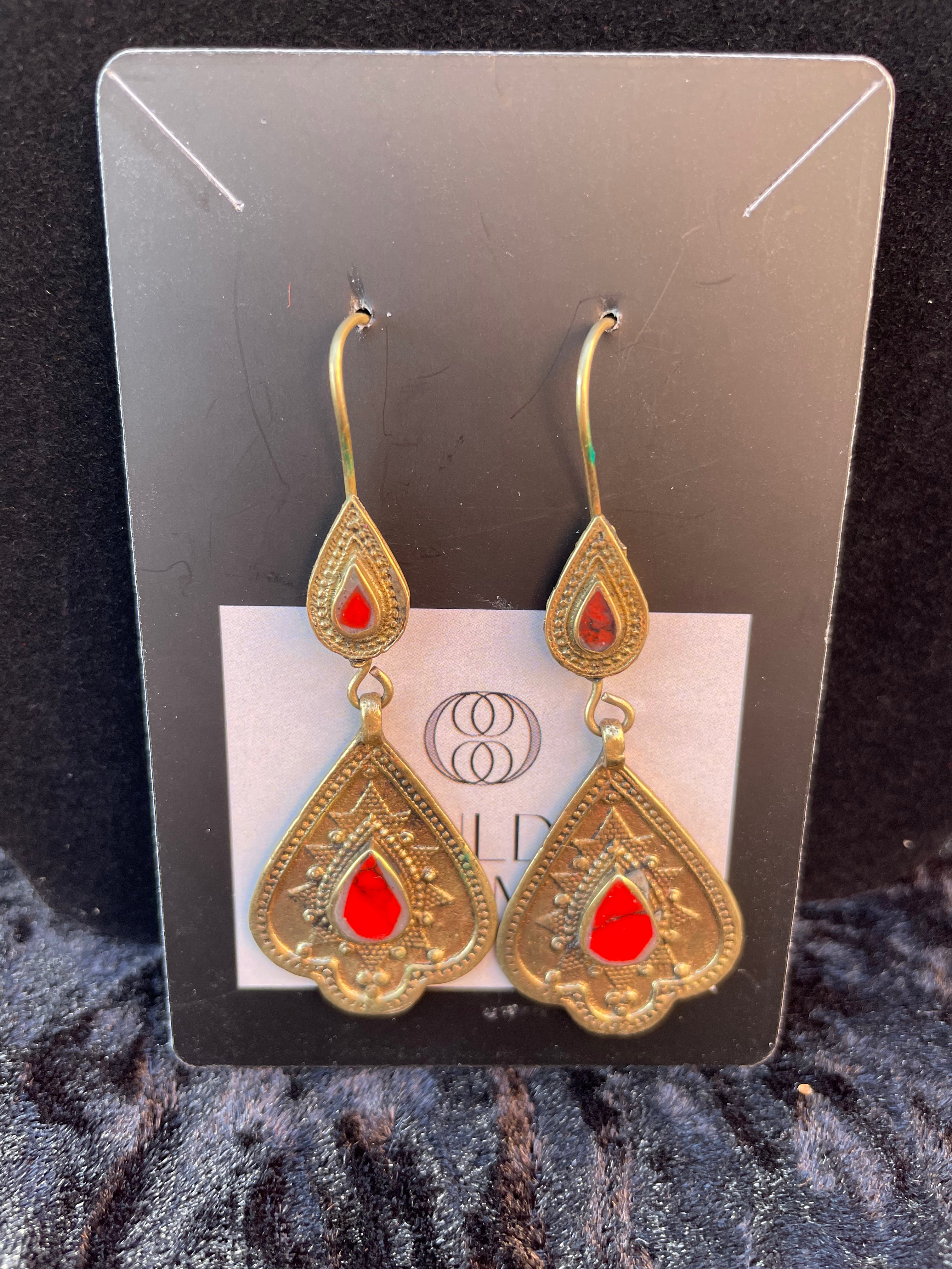 Red Coral and Gold Afghani earrings