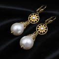 Vintage Brass & Faux Pearl Daisy Drop Earrings