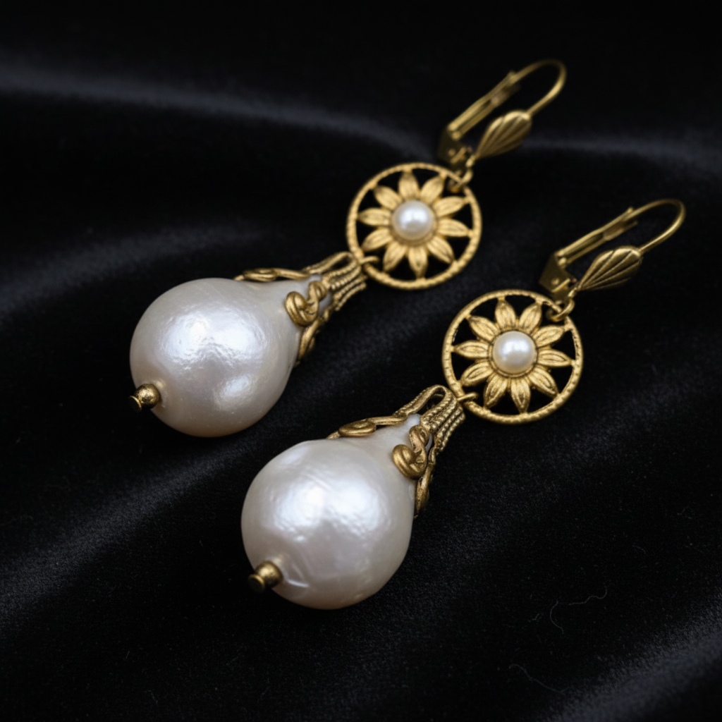 Vintage Brass & Faux Pearl Daisy Drop Earrings