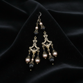 Black & Champagne Pearl Chandelier Earrings: Victorian Antique Brass Handmade Earrings