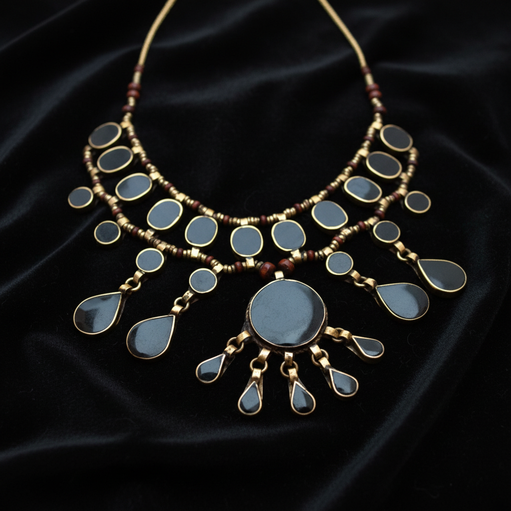 Tribal Black Onyx Choker Necklace, Afghan Kuchi Statement Ethnic Jewelry