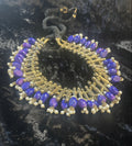 Vintage East Indian Lapis & Pearl Layered Necklace, Gold Wash Engraved Tribal Jewelry