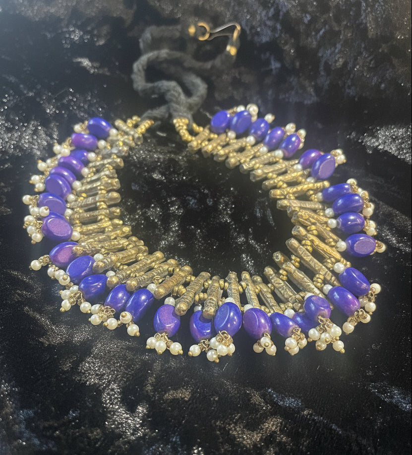 Vintage East Indian Lapis & Pearl Layered Necklace, Gold Wash Engraved Tribal Jewelry