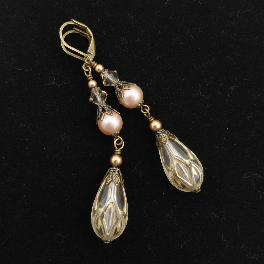 Champagne Pearl & Acrylic Teardrop Earrings, Art Deco Style Brass Handmade Earrings