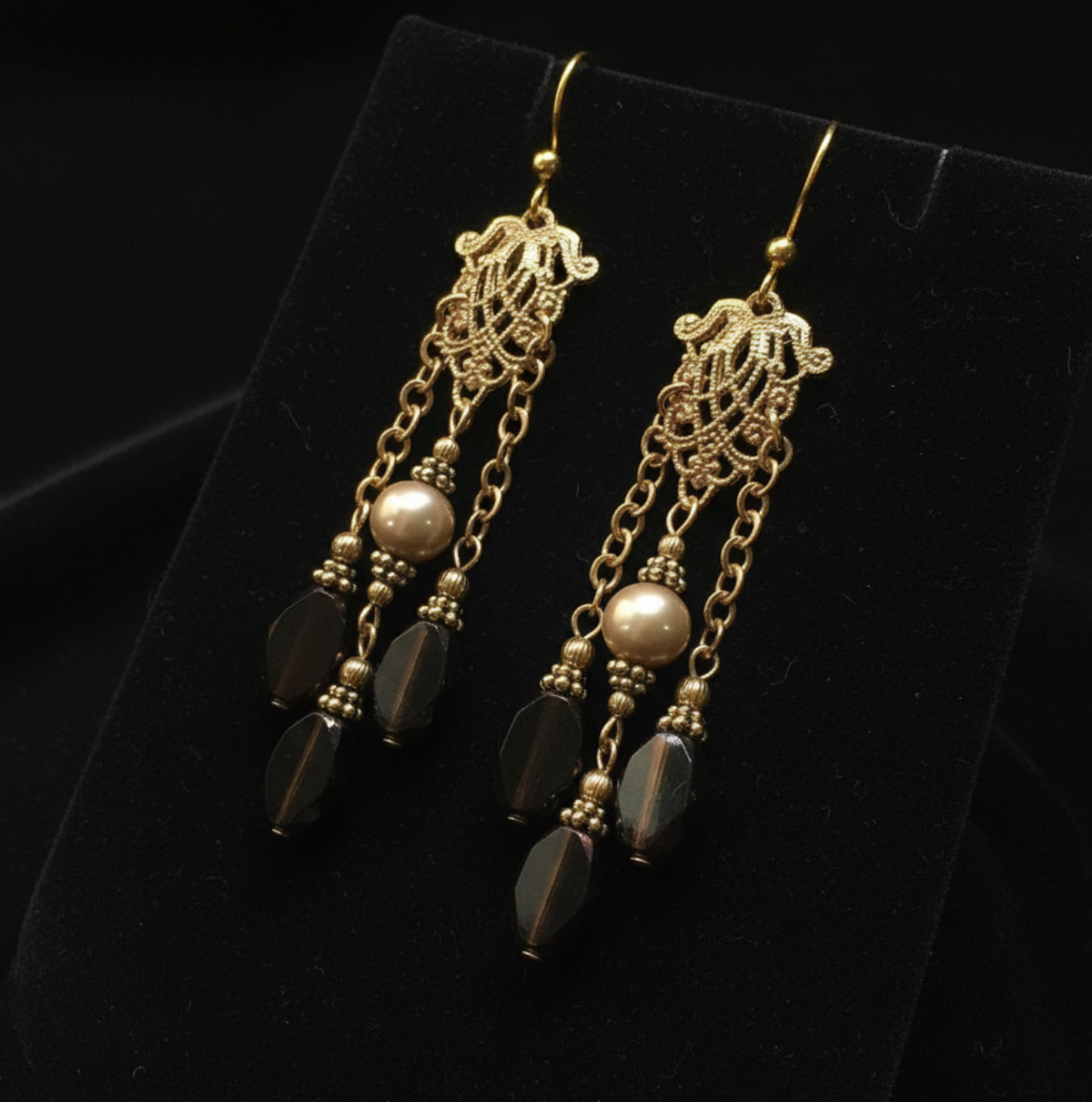 Chandelier Earrings with Black Czech Glass Beads & Freshwater Pearl on Gold Filigree