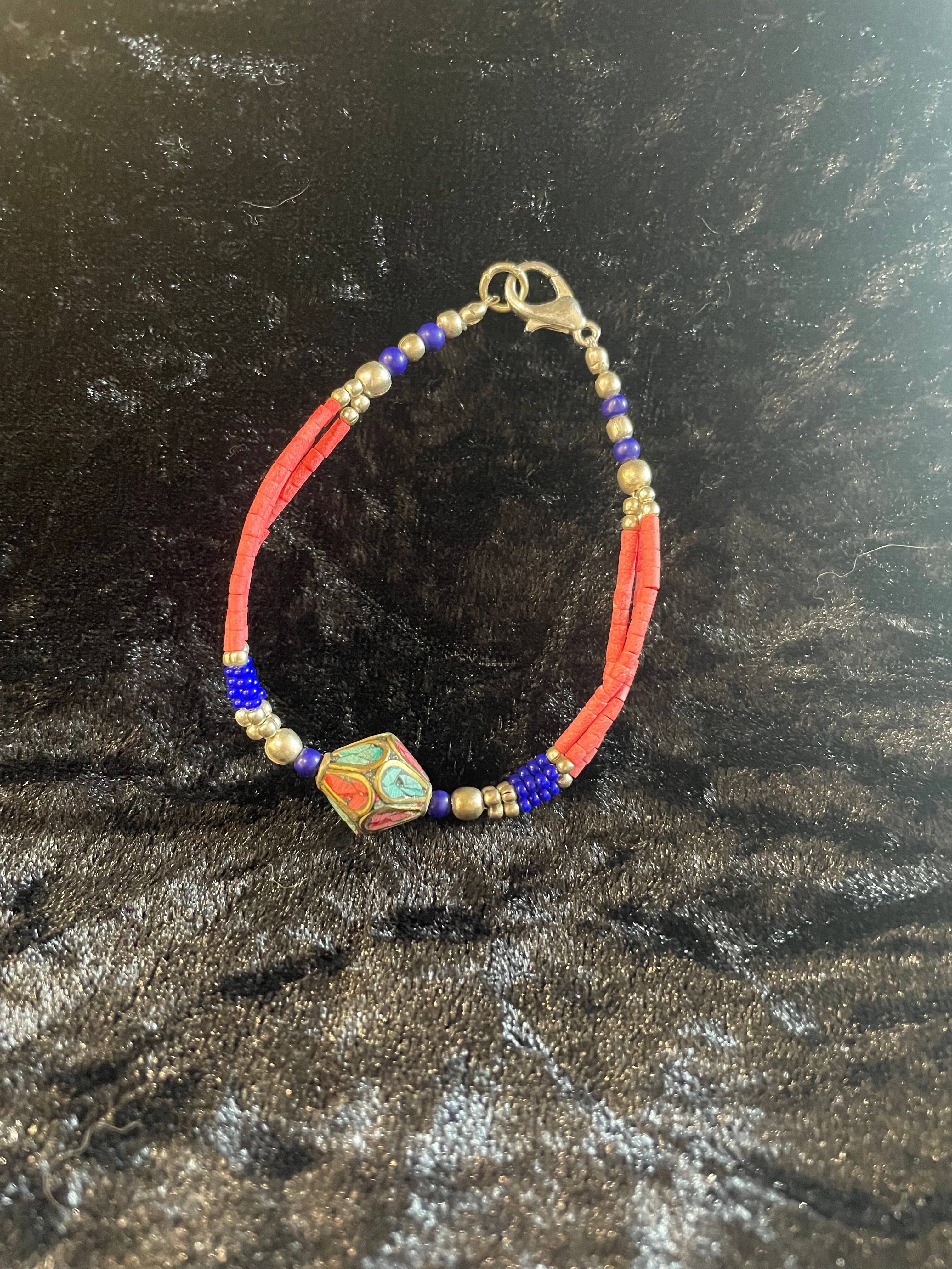 Coral Turquoise & Blue Agate Brass Nepali Bracelet
