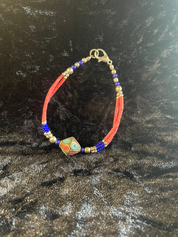 Coral Turquoise & Blue Agate Brass Nepali Bracelet