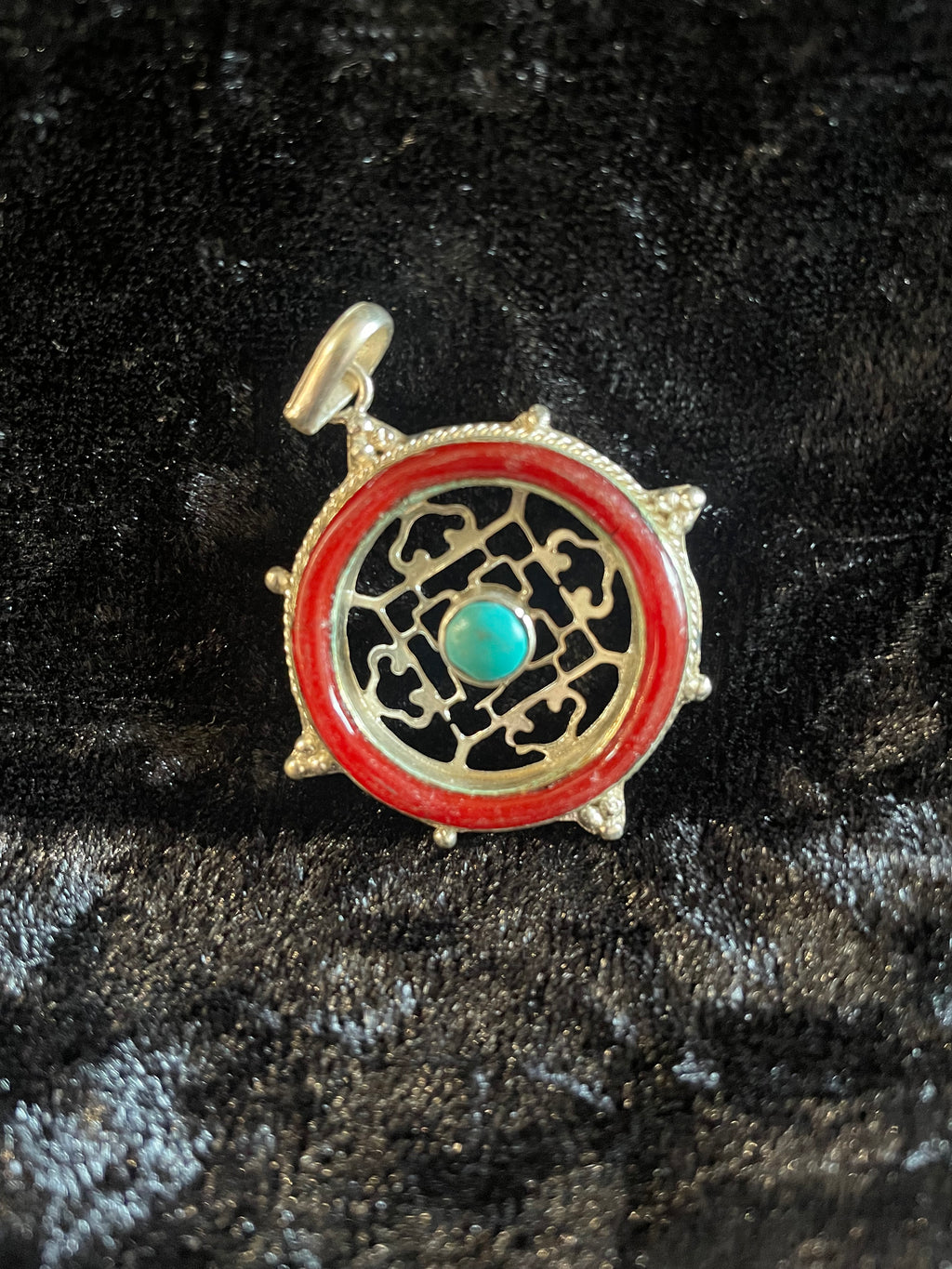 Coral & Sterling Silver Mandala Pendant with Turquoise Center