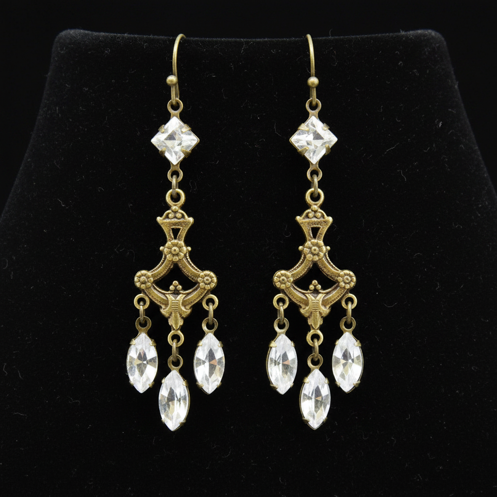 Victorian Crystal Navette Antique Brass Chandelier Earrings