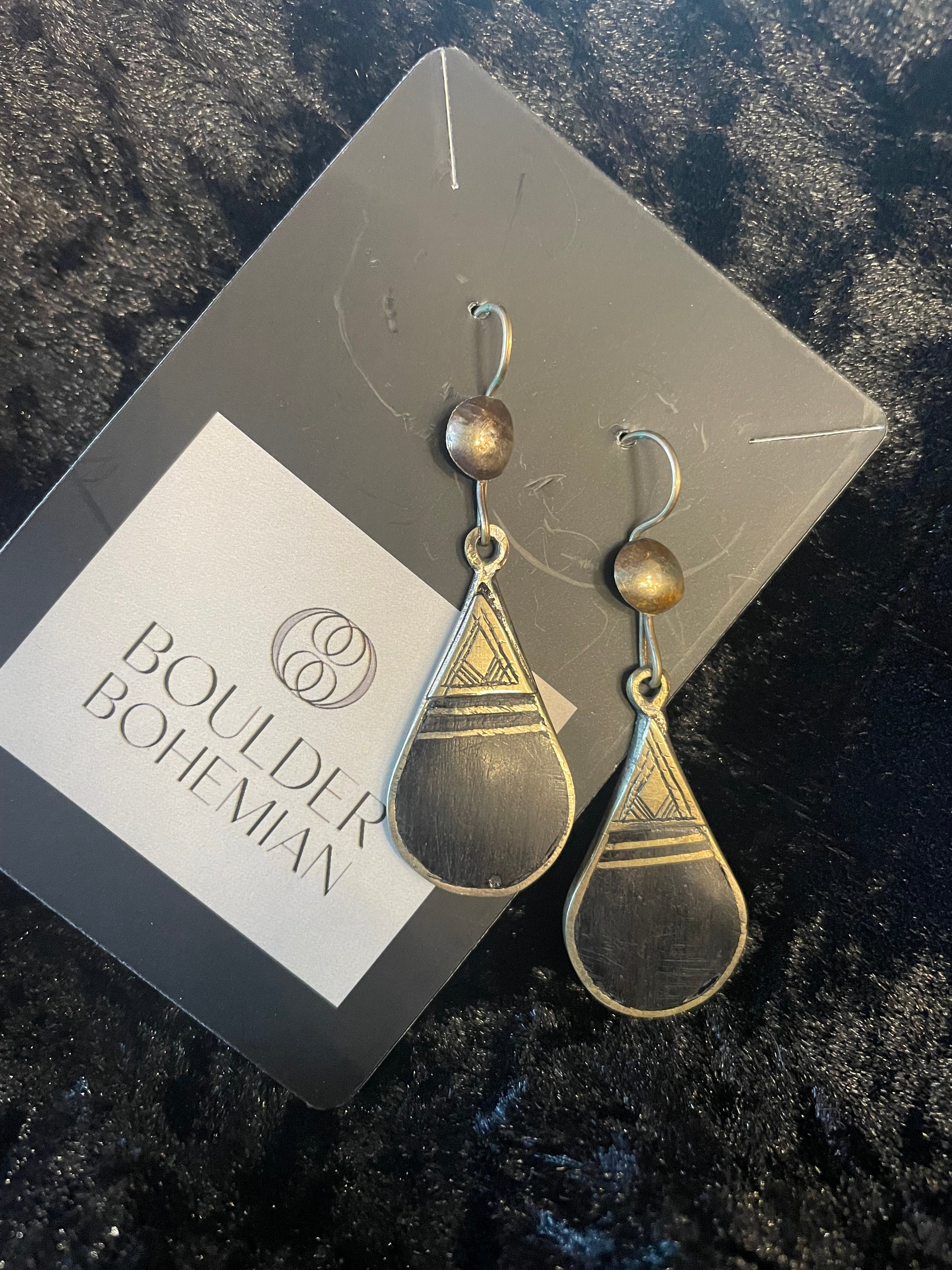 Tuareg Ebony Wood & Silver Metal Teardrop Earrings