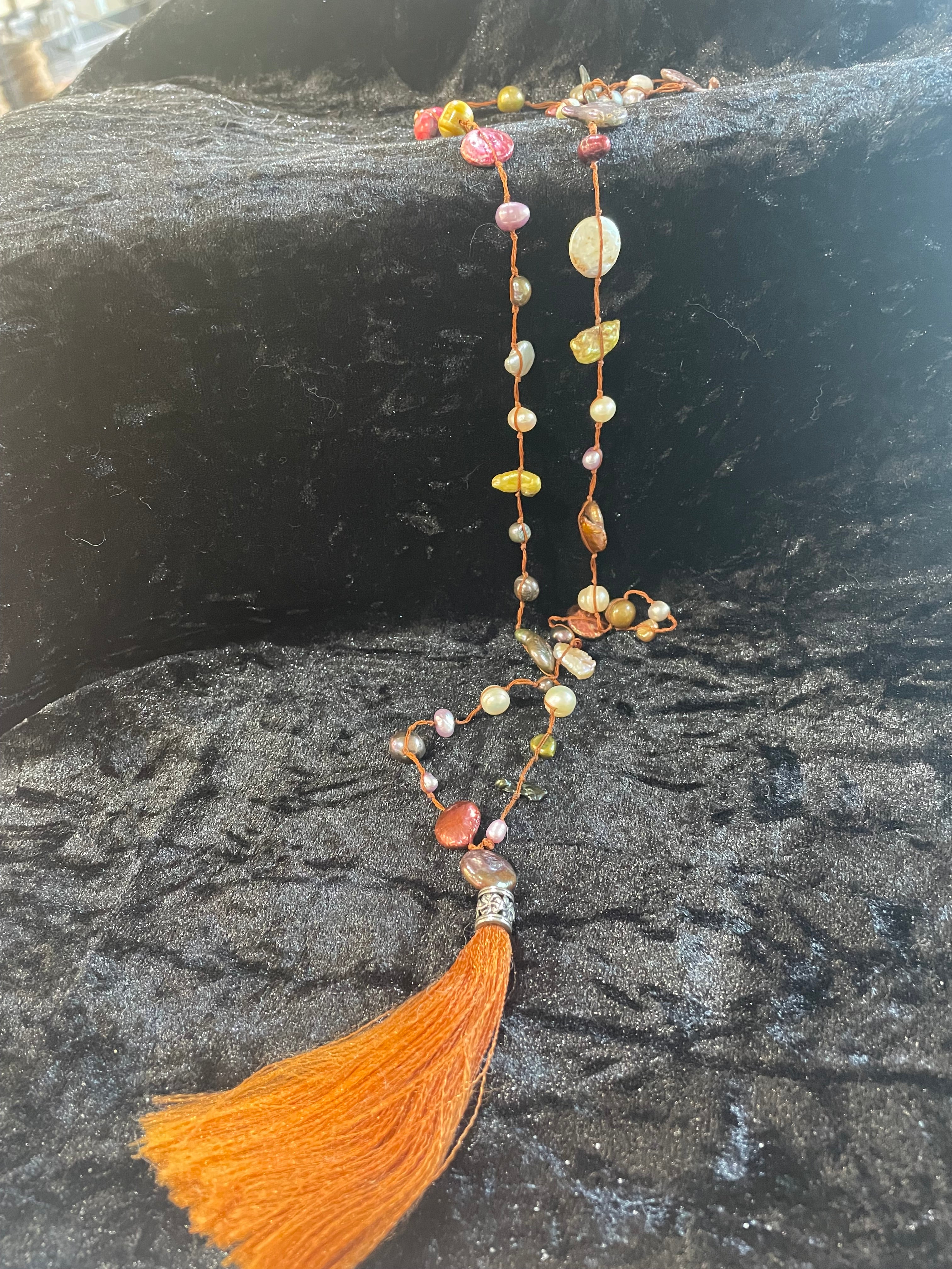 Mixed Freshwater Pearl & Glass Bead Necklace with Tassel – Handmade in Puerto Vallarta, Mexico