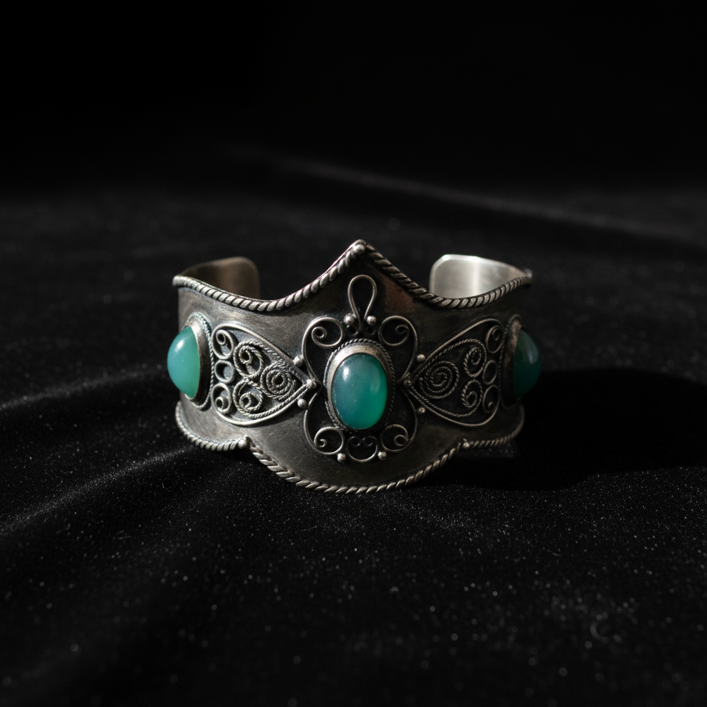 Vintage Boho Tribal Filigree Cuff Bracelet with Green Stone Nagina Cabochons
