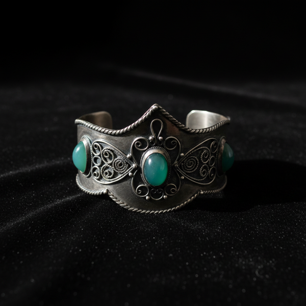 Vintage Boho Tribal Filigree Cuff Bracelet with Green Stone Nagina Cabochons