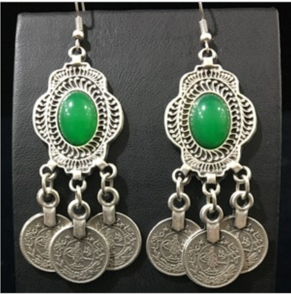 "Halime Sultan" Kuchi Earrings: Green Stone & Coin Dangles