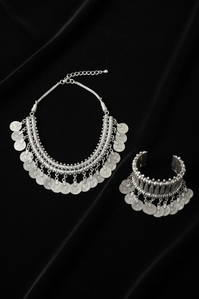 Handmade Silver Plated Tribal Bib Necklace & Bracelet Set – Afghan Attan Dance Ceremonial
