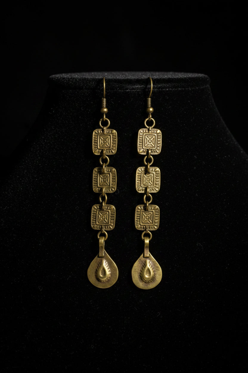 Antique Tribal Stamped Panel Earrings — Long Talismanic Drops