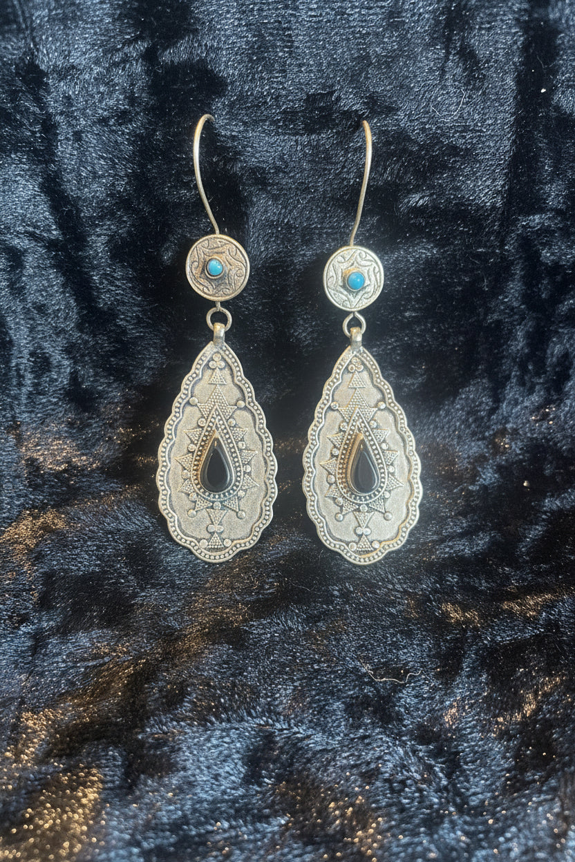 Turkman Black Agate Aqeeq Stone Earrings