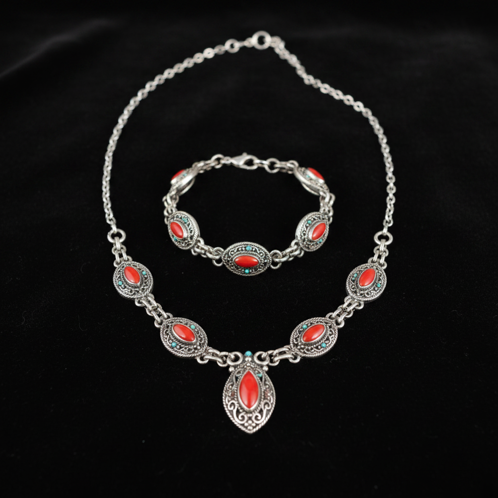 Indian Coral Y Necklace & Bracelet Set