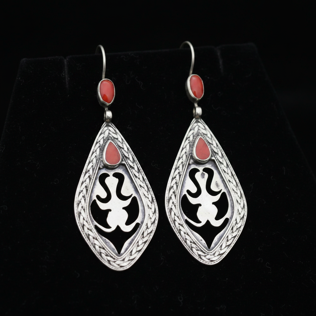 Vintage Kuchi Alpaca Silver Coral Cutwork Dangle Earrings
