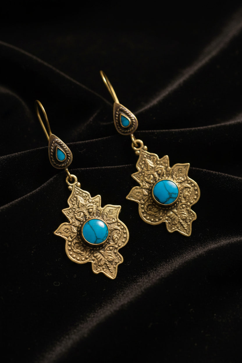Vintage Kuchi Brass & Turquoise Floral Bird Earrings