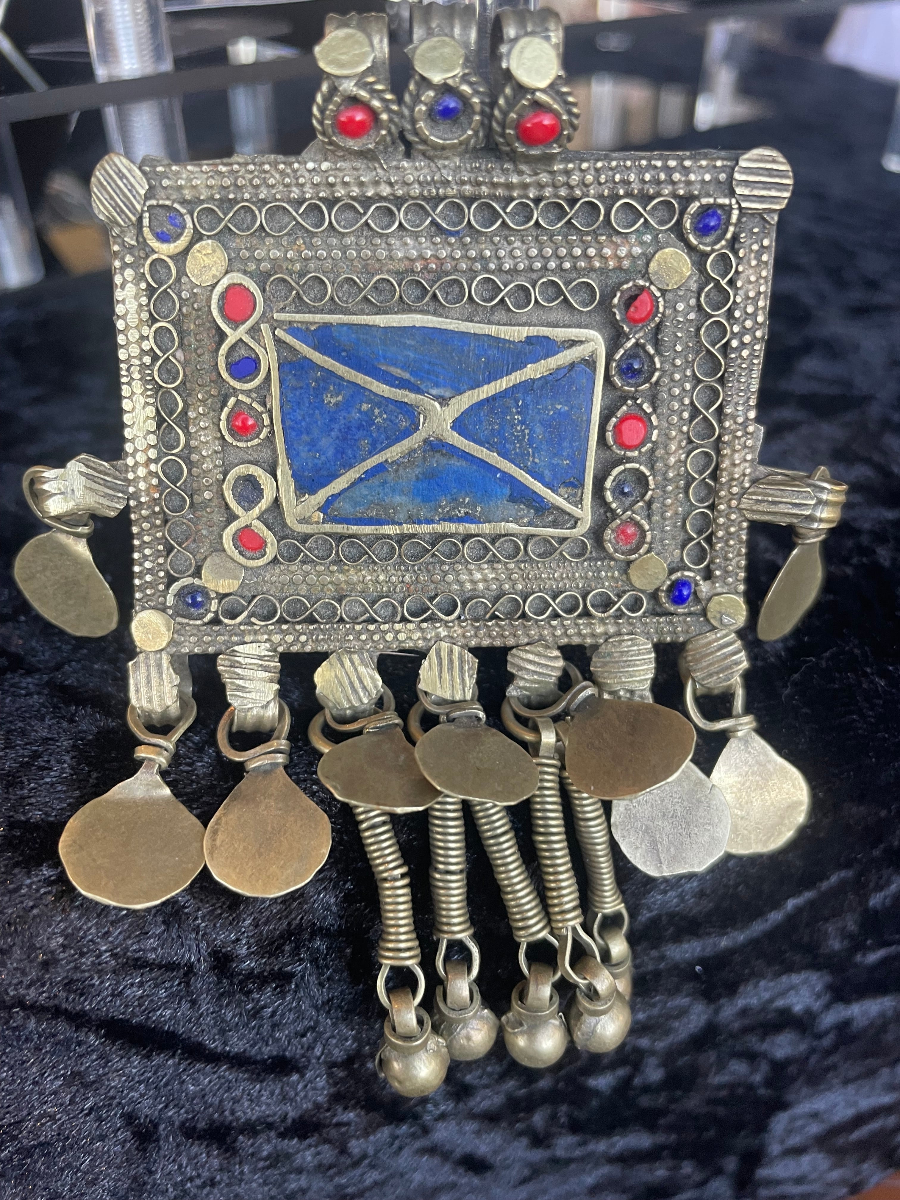 Afghan Kuchi Traditional Pendant – Gold Gilt with Blue Agate & Coral
