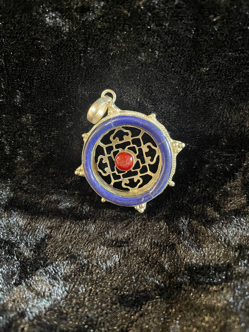 Lapis Lazuli & Sterling Silver Mandala Pendant with Coral Center
