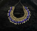 Vintage East Indian Lapis & Pearl Layered Necklace, Gold Wash Engraved Tribal Jewelry