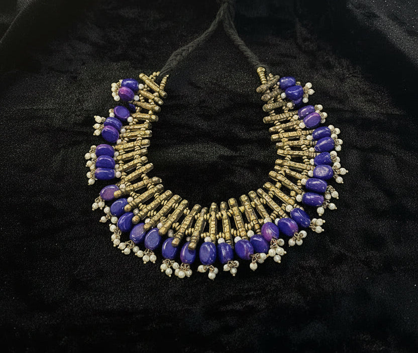 Vintage East Indian Lapis & Pearl Layered Necklace, Gold Wash Engraved Tribal Jewelry