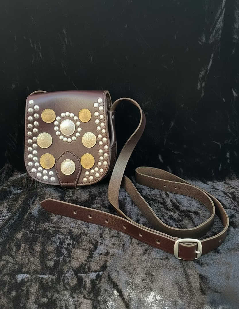 Brown leather crossbody bag with embedded gold and copper coins, long strap
