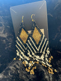 Gold Black & White Fringe Statement Earrings – Native American Handmade