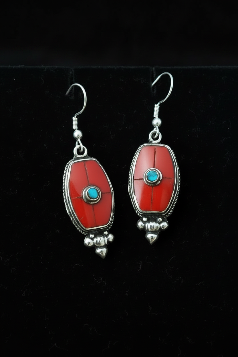 Nepalese Coral & Silver Dangle Earrings with Turquoise Inlay