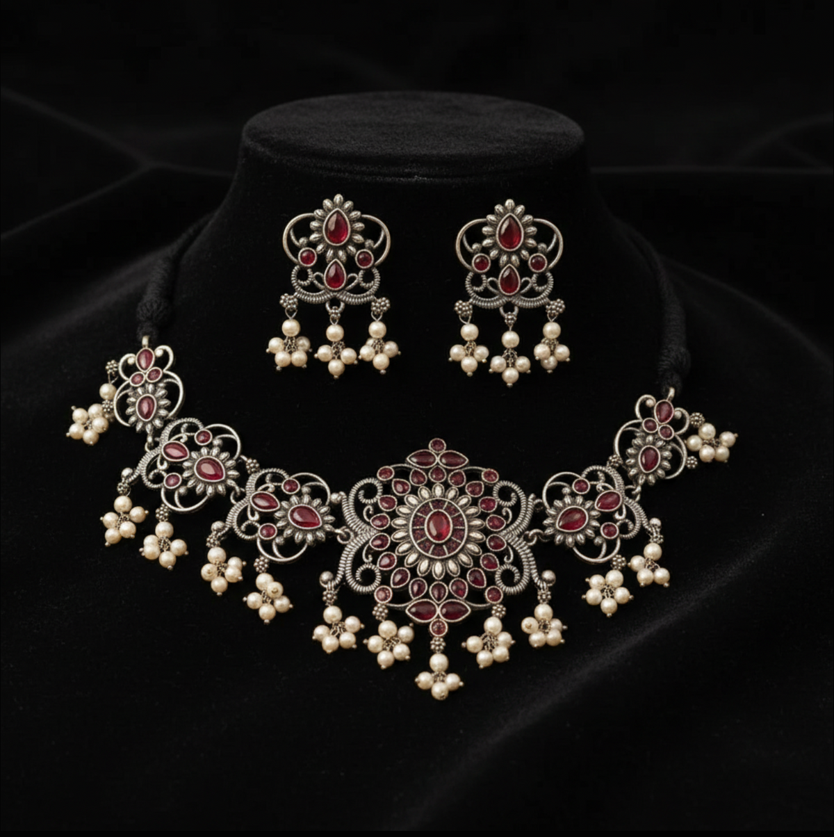 Oxidized Silver Thewa Ruby Red Choker Necklace Set