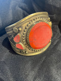 Vintage Afghanistan Brass Bangle Bracelet with Red Stone