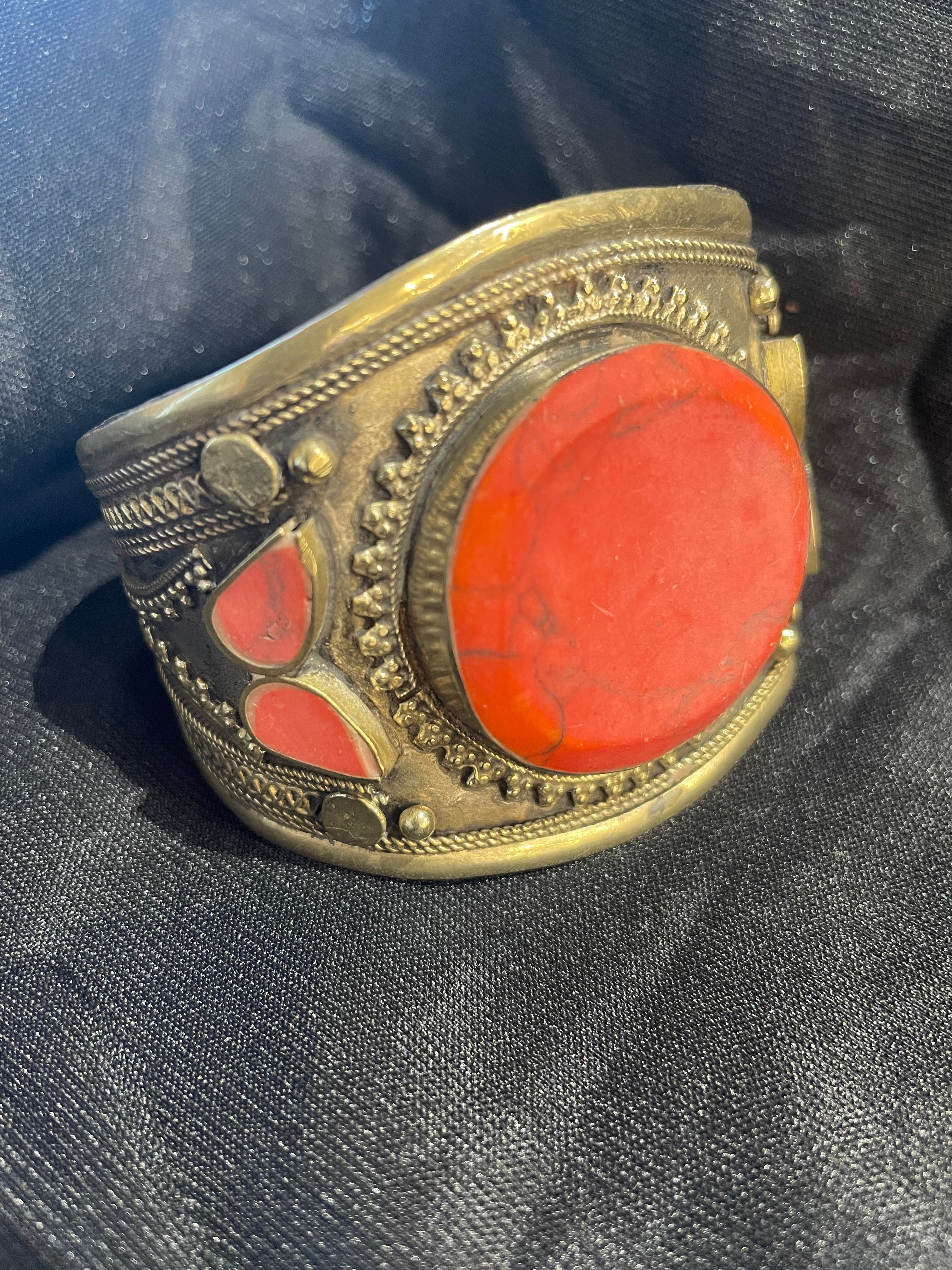 Vintage Afghanistan Brass Bangle Bracelet with Red Stone