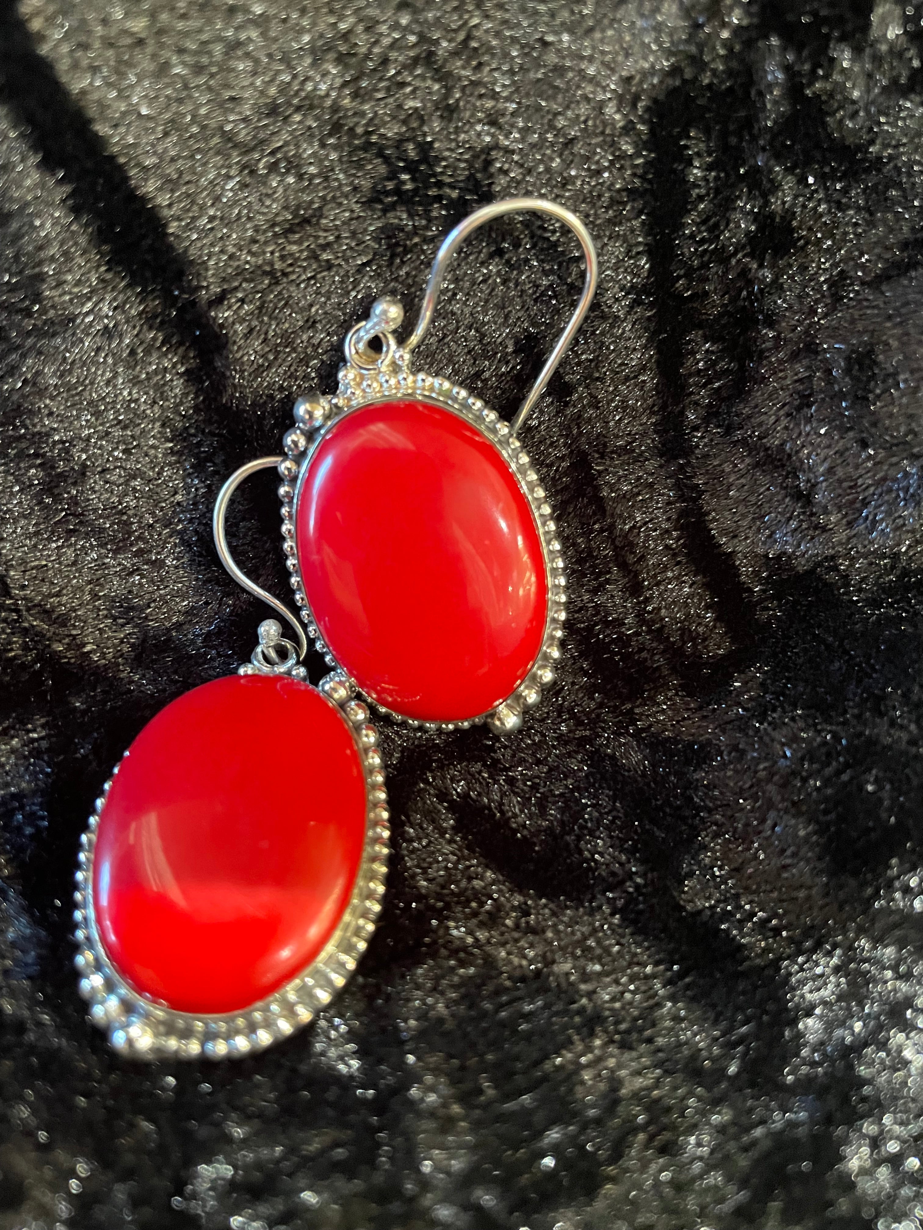 Red Coral 925 Sterling Silver Boho Earrings