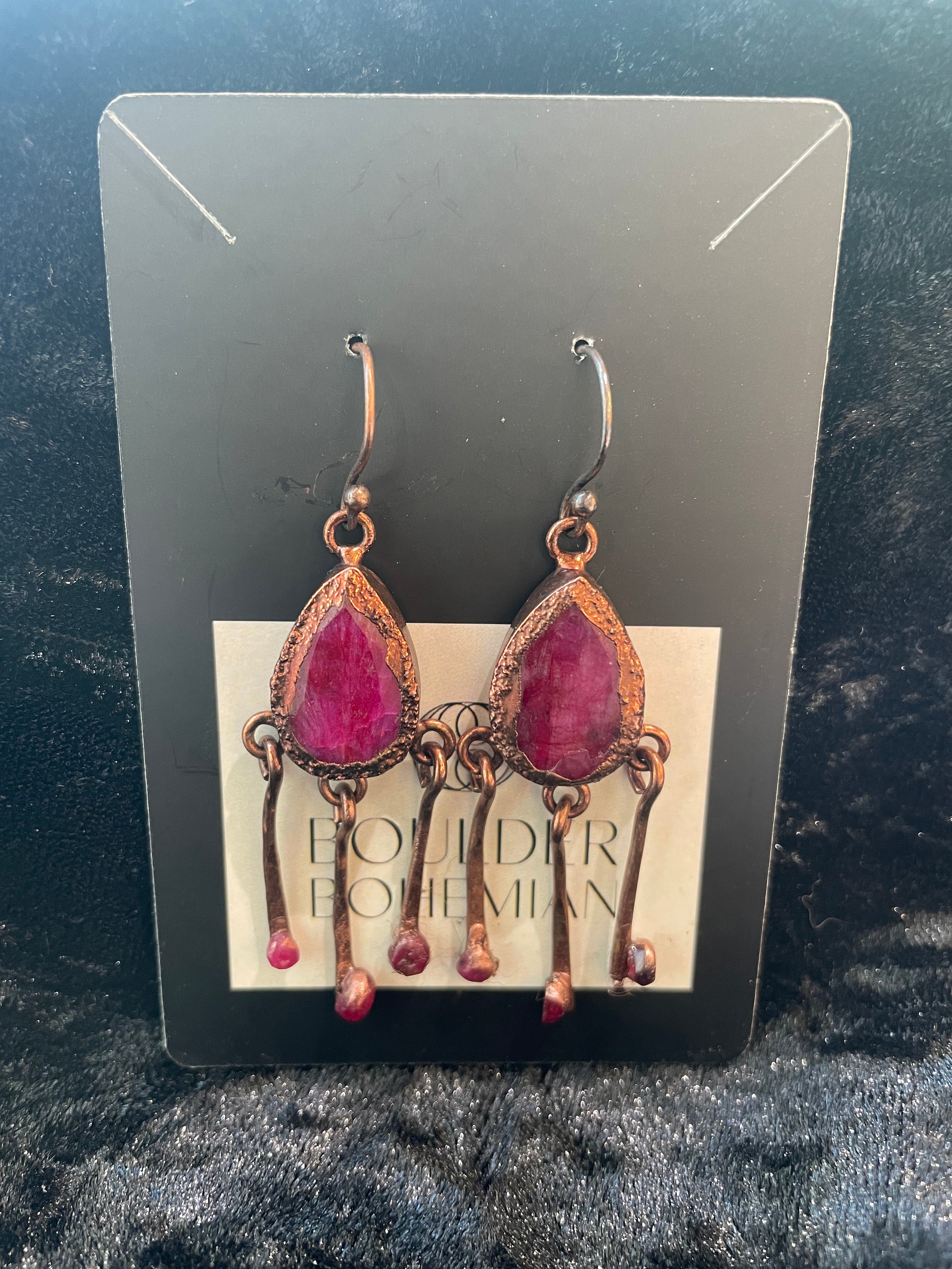 Ruby Earrings, Kashmiri Red Ruby Copper Electroformed Earrings, Gemstone Earrings, Handmade Dangle Earring