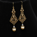 Art Nouveau Brass Filigree Champagne Pearl Drop Earrings