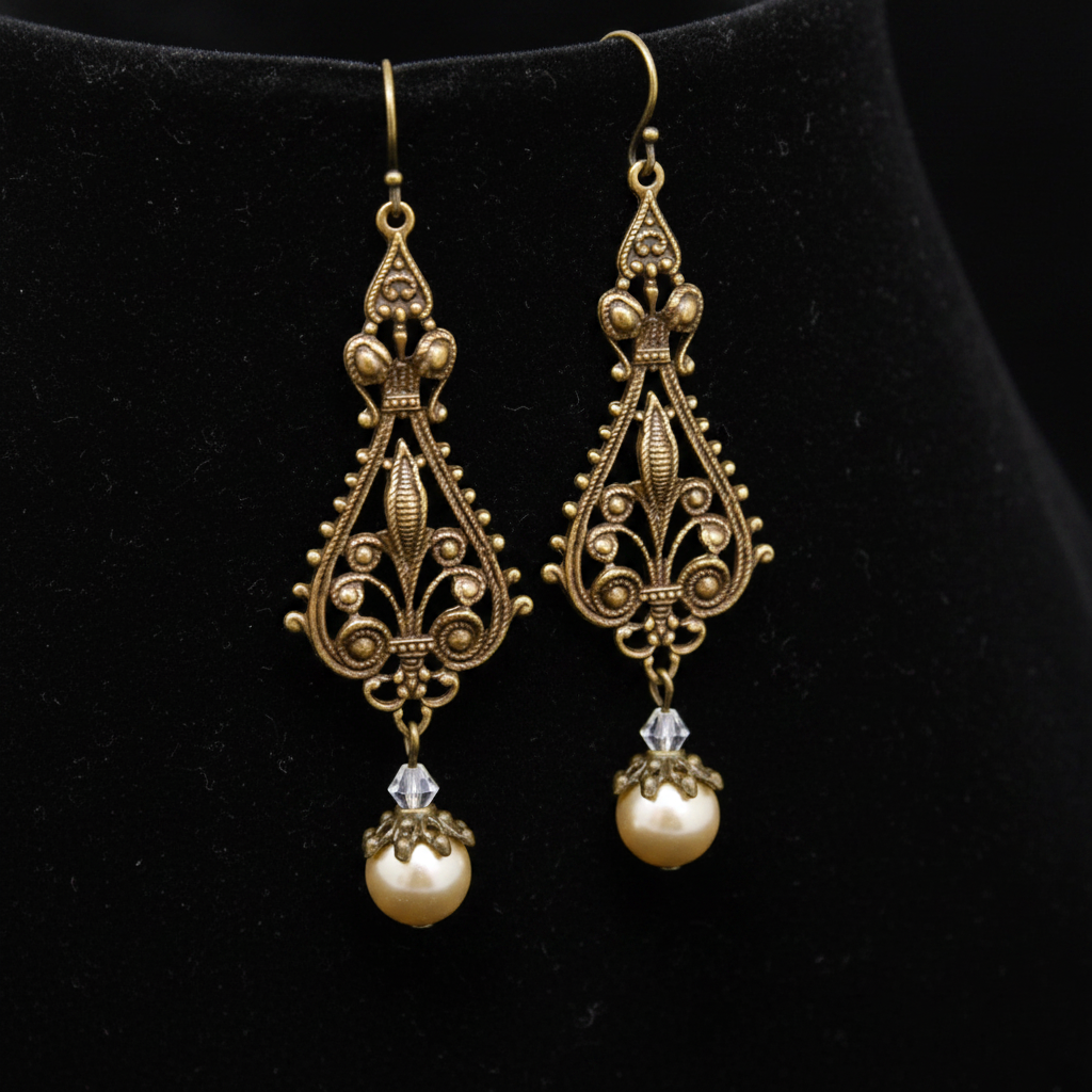 Art Nouveau Brass Filigree Champagne Pearl Drop Earrings