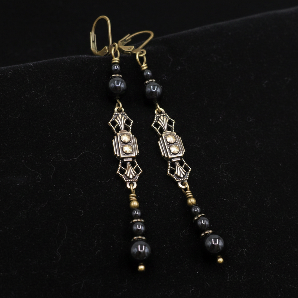 Art Deco Black Pearl Dangle Earrings: Handmade 1920s Style Jewelry