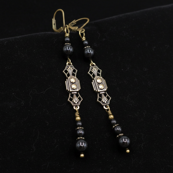 Art Deco Black Pearl Dangle Earrings: Handmade 1920s Style Jewelry