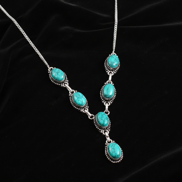 Turquoise Oval Stone Sterling Silver Y-Drop Necklace – Rajasthan Handmade