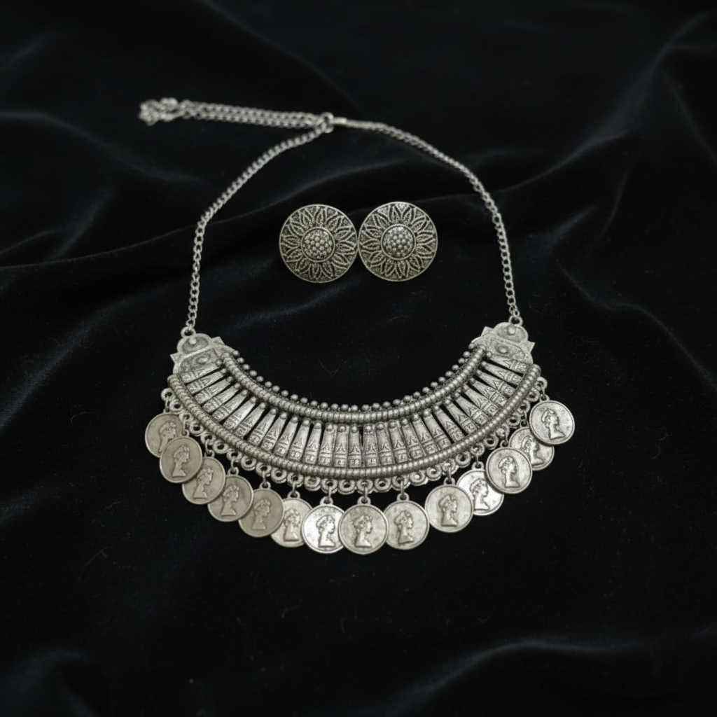 Afghan Coin Oxidized Silver Necklace & Earrings Set