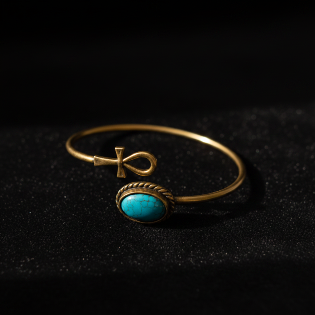 Handmade Egyptian Ankh Copper and Turquoise Bracelet