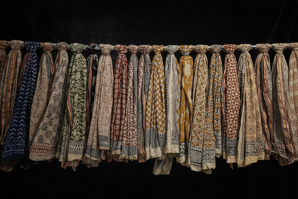 Bagru Hand Block Print Cotton Sarong with Zari Silk Border – Rajasthan