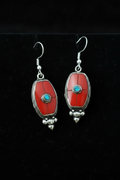 Nepalese Coral & Silver Dangle Earrings with Turquoise Inlay