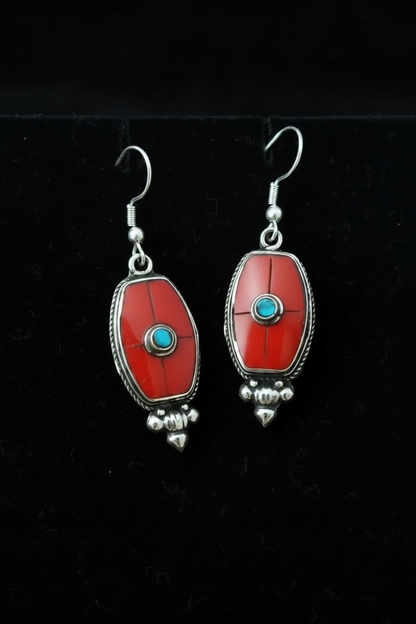 Nepalese Coral & Silver Dangle Earrings with Turquoise Inlay
