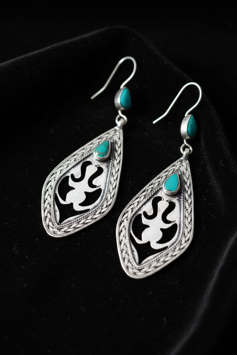 Vintage Afghan Alpaca Silver Earrings – Kuchi Tribal Filigree with Turquoise