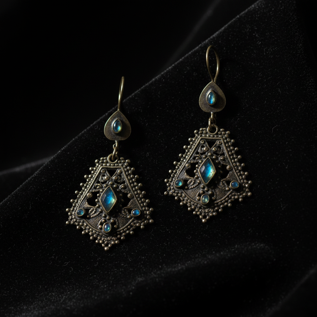 Vintage Turkman Afghanite Dark Brass Dangle Earrings