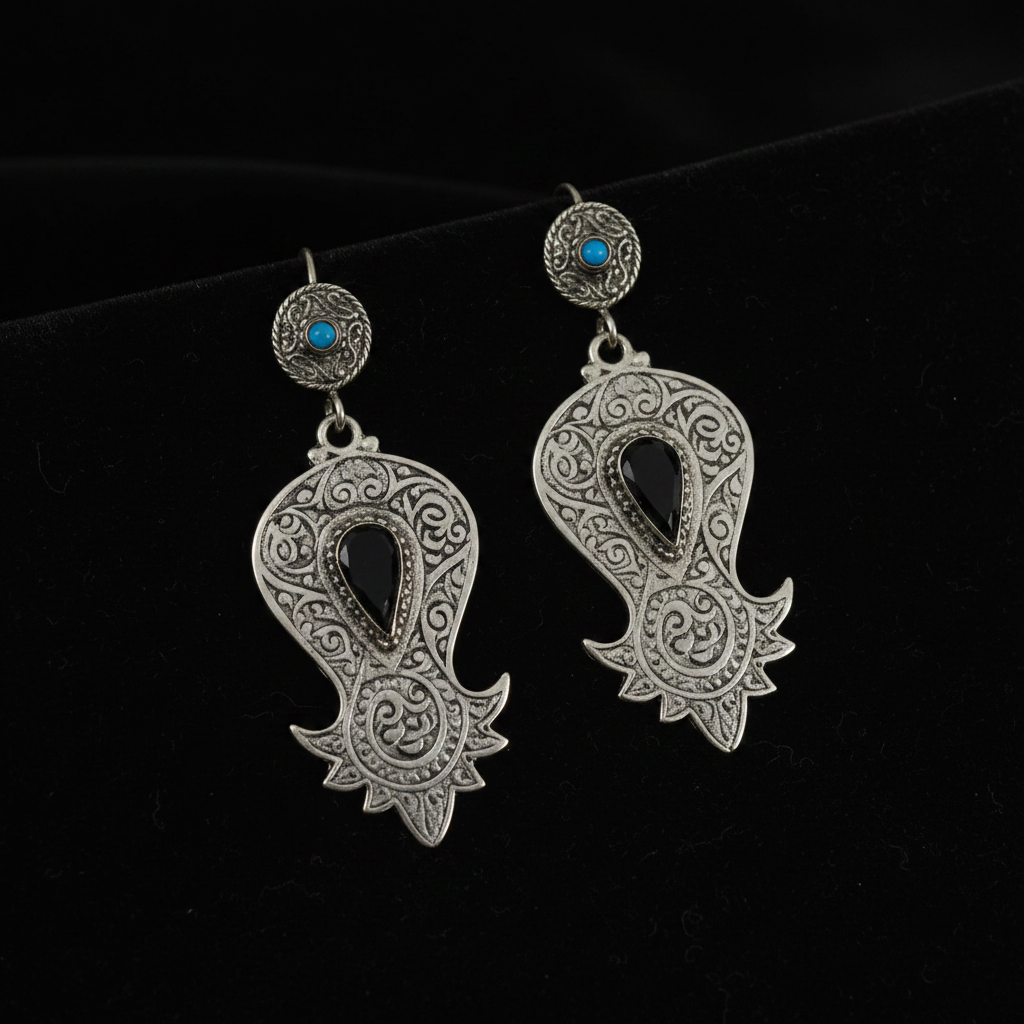 Vintage Kuchi Black Agate & Turquoise Earrings